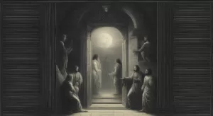 Группа людей, стоящих в дверном проеме, на которых падает свет