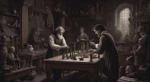 Мужчина играет в шахматы со стоящими рядом женщиной и мужчиной